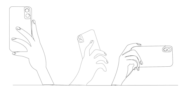 hands with phone one continuous line drawing isolated vector