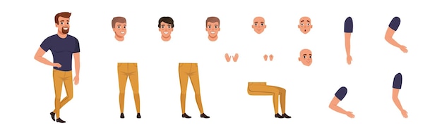 Handsome man creation with body part and face vector set