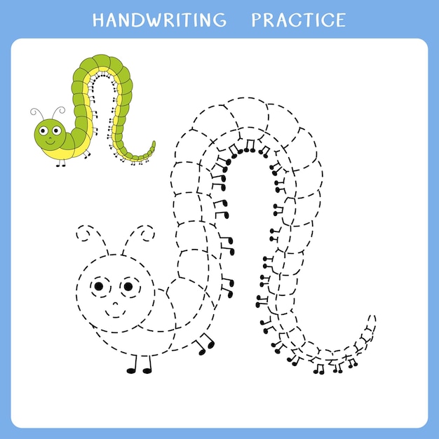 Handwriting practice sheet with cute caterpillar