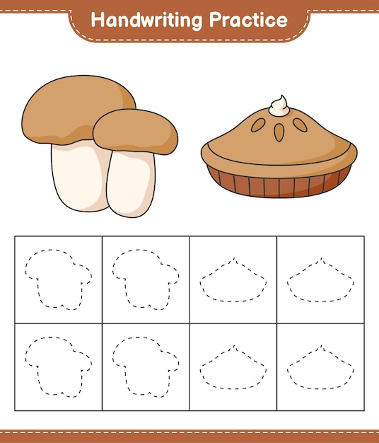 handwriting practice tracing lines of pie and mushroom boletus educational children game