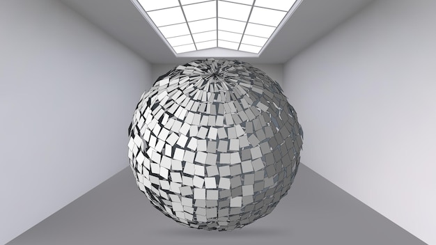 hanging abstract polygonal object. the white room with the subject in the middle. exhibition space for objects of modern art. sci-fi objects. structural volumetric grid.