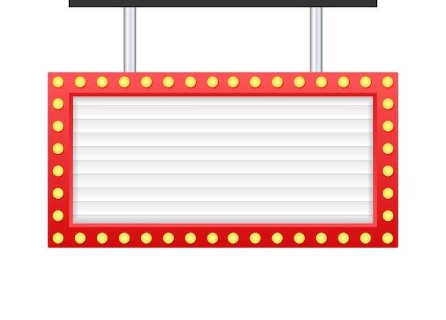 Hanging blank white billboard with red frame and light bulbs is showing an advertisement
