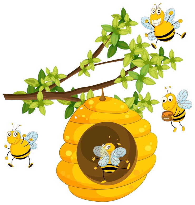 Vektor happy bees around their hive