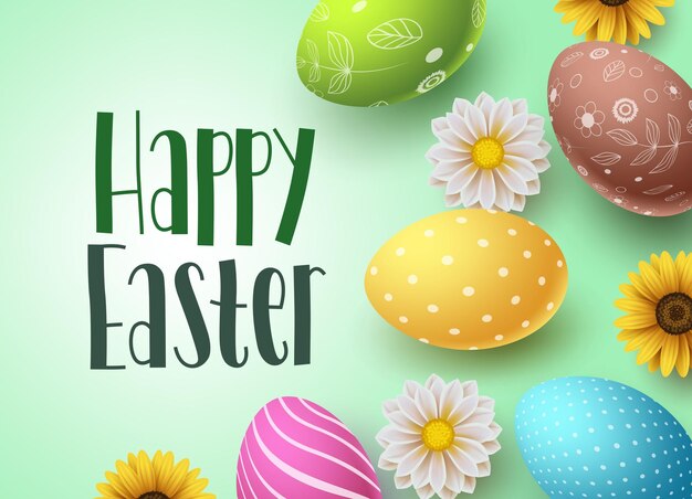 Happy easter vector background design with colorful easter eggs and daisy flowers elements