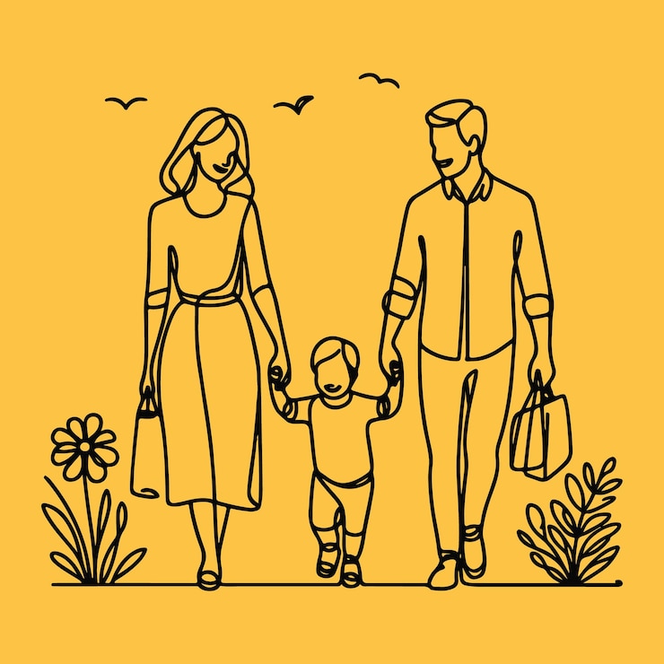 Vektor happy family in continuous line art drawing style