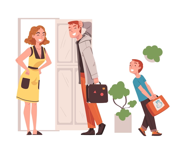 Vektor happy man husband character coming back and returning home standing near open door with wife and kid