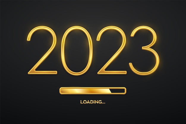 Happy New 2023 Year Golden metallic luxury numbers 2023 with golden loading bar Party countdown Realistic sign for greeting card Festive poster or holiday banner design Vector illustration