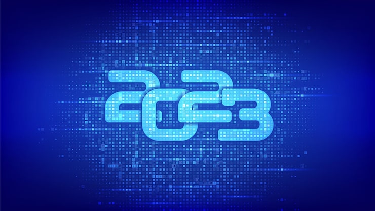 Vektor happy new 2023 year numbers 2023 made with binary code digital binary data and streaming digital code background matrix background with digits 10 vector illustration