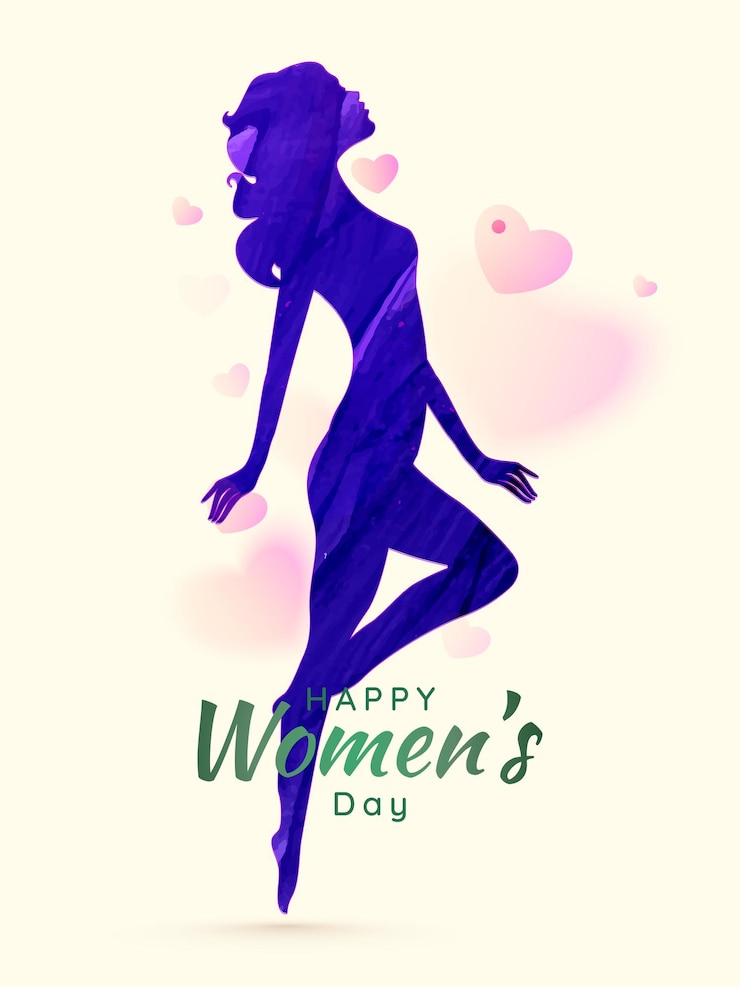 Vektor happy womens day greeting card design with purple abstract style silhouette female in stylish standing pose