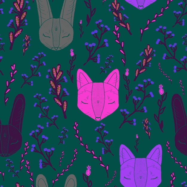 hare fox and grass scandinavian rustic motif vector seamless pattern