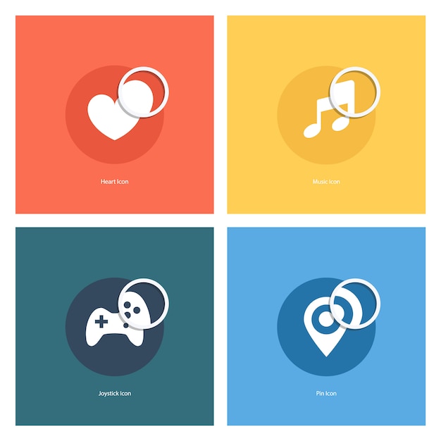 Heart, music note, joystick, map pin with magnifying glass icons set. Vector illustration.