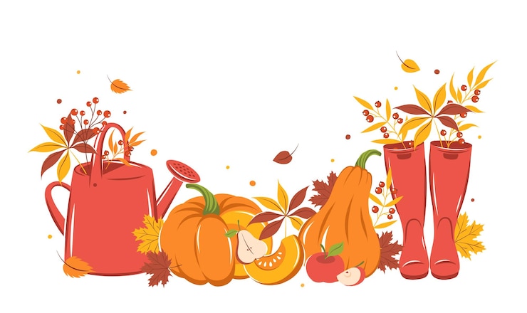Vektor hello autumn design banner with with pumpkin wellies boots watering can and autumn leaves