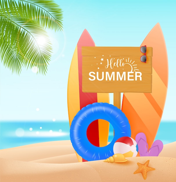 hello summer  design concept. wooden sign board with hello summer text and beach elements like colorful surf board in sea shore background.  illustration.