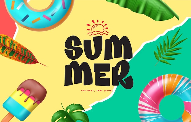 Hello summer text with summer and tropical vector elements in papercut background