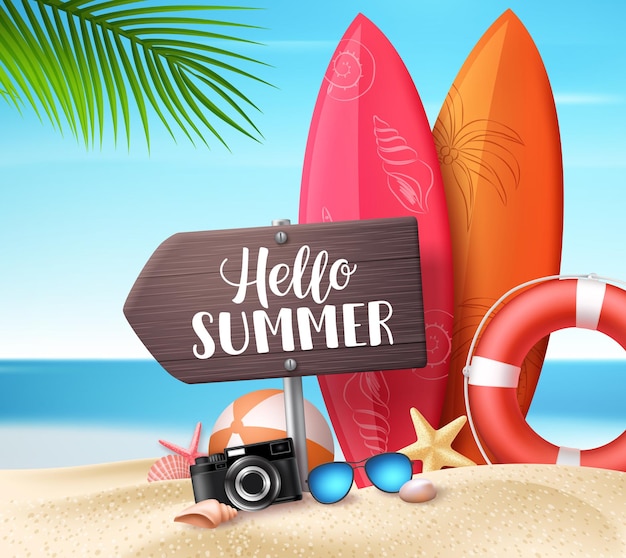 hello summer vector design concept wooden sign board with hello summer text and beach elements