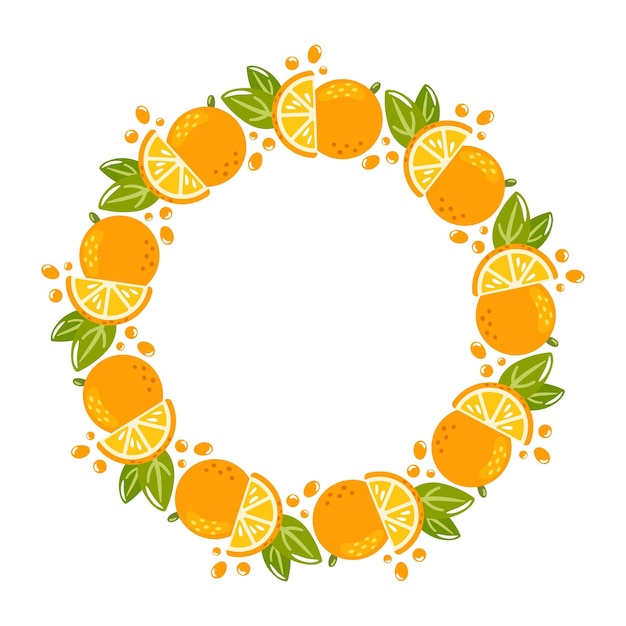 Hello summer vector illustration round frame showing juicy orange fruits and green leaves splashes