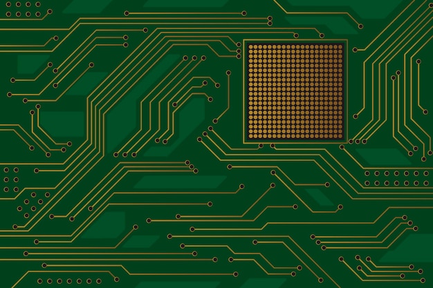 Hi tech green circuit board background with gold plated lines.