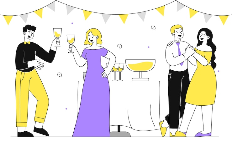 Vektor high school graduation party linear men and women with glasses with champagne event and disco