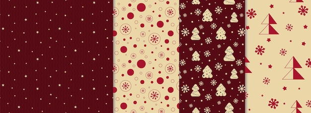 Holiday Christmas New Year dark red seamless pattern with christmas trees snowflakes stars