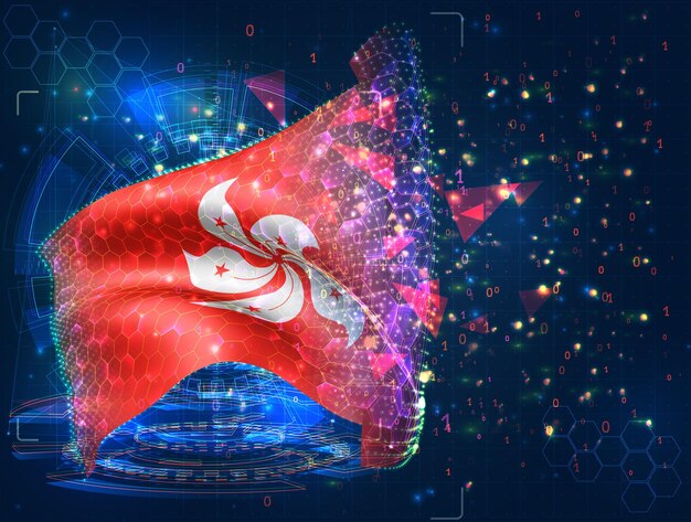 Hong Kong vector flag virtual abstract 3D object from triangular polygons on a blue background
