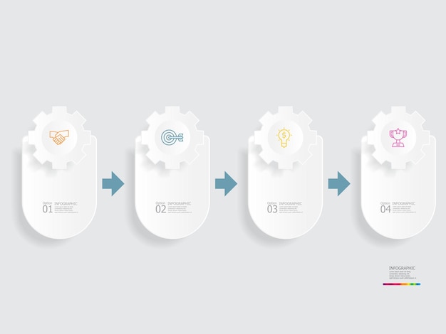 horizontal cog gear wheel steps timeline infographic element report background with business line icon 4 steps