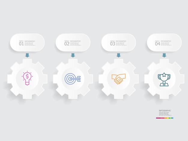 horizontal cog gear wheel steps timeline infographic element report background with business line icon 4 steps