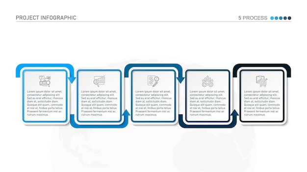 Horizontal timeline or flowchart with five square elements and space for data