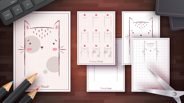How to Draw a Cat Step by Step Drawing Tutorial Draw Guide Coloring Page Worksheets for Kids