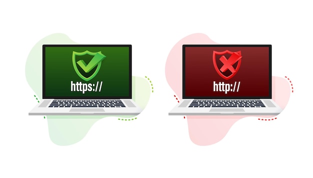 http and https protocols on shield on laptop, on white background. vector illustration.