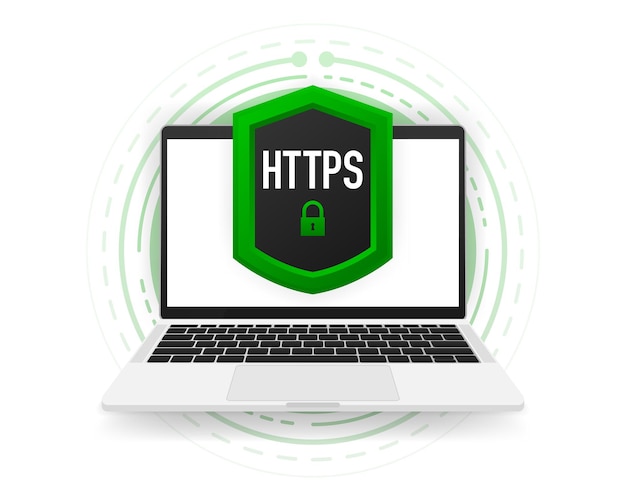 https and http protocols, safe web surfing and data encryption. computer banner vector illustration.