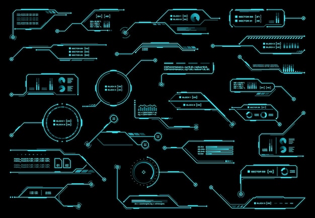 HUD futuristic display and screen, info boxes, ui interface. Vector callout titles, information call bars and digital tech style neon design elements for game or user app on black background set