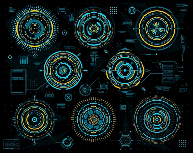 HUD futuristic graphs and circular interface panels Sci Fi technology and visual data Hologram circles of head up display digital screen with blue and yellow neon charts