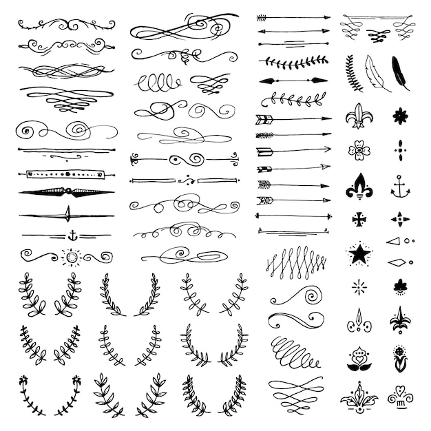 huge pack or set engraved hand drawn in old or antique sketch style vintage flourishes calligraphic design elements decorations logo or emblems retro label and badge ornaments and monograms