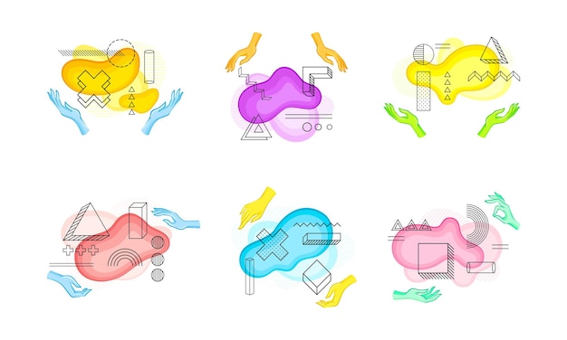 Human Hands with Colorful Abstract Shapes and Contour Geometrical Objects Vector Set