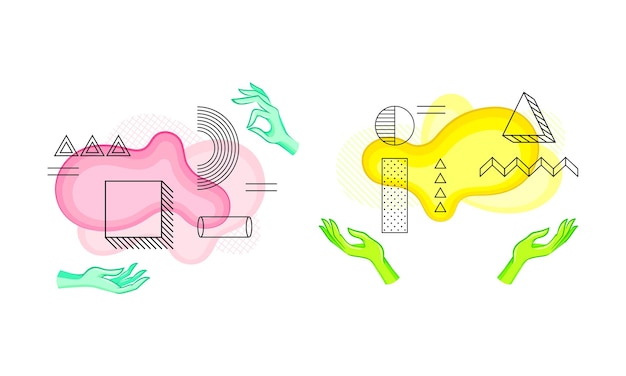 Human hands with contours of geometric shapes and colorful bright blobs set vector illustration