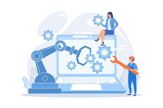 Humans and cobot robotic arm collaborate at laptop fixing gears. Collaborative robotics,