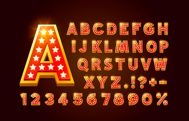 Hvězdy zlatý symbol písma, zlatá sada písmen a čísel. Vektorová ilustrace