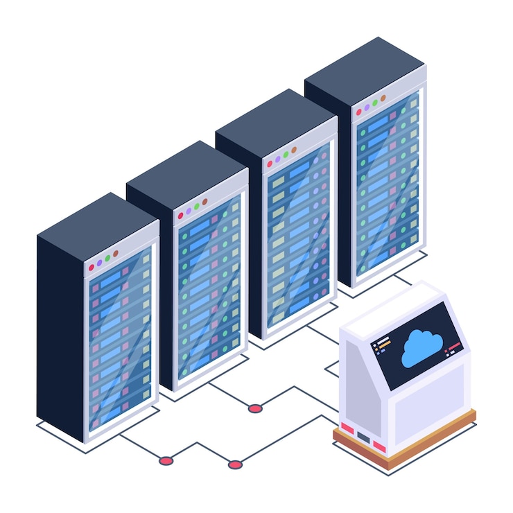 Vektor ikona serverovny v izometrickém designu – prémiové stažení