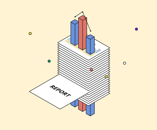 Illustration graphics representing report results in 3D graphs
