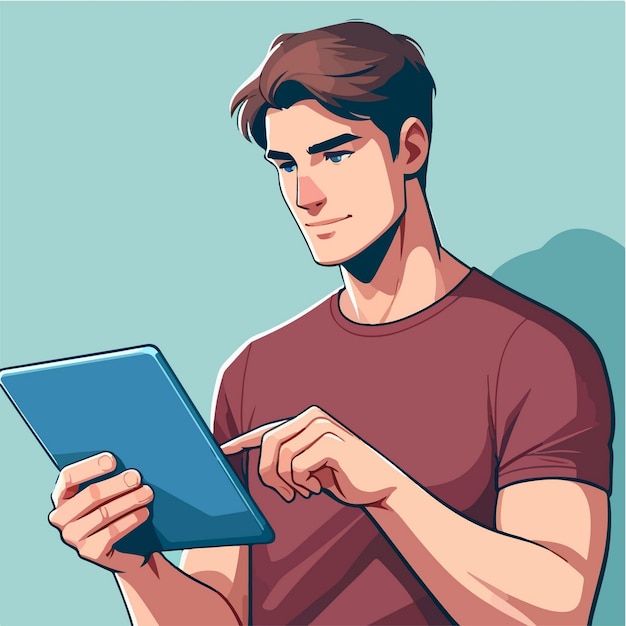 illustration of a guy in a tshirt using a tablet