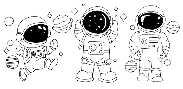 illustration of a set of funny astronauts in doodle style line drawing for children space and plan