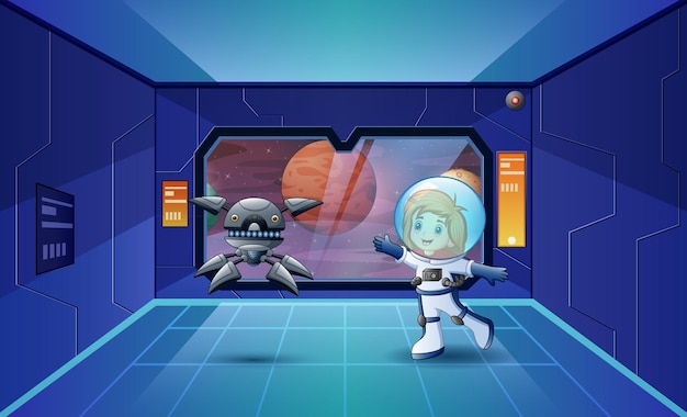 Illustration of astronaut girl and robot in the spaceship