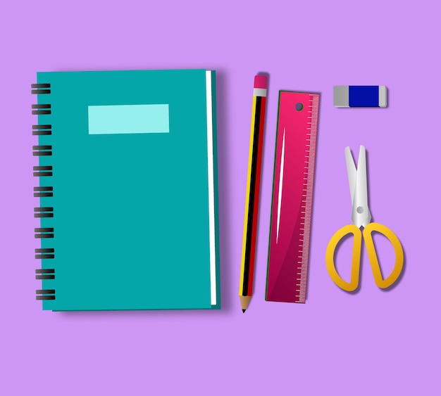 Illustration of beautiful school supplies scissors pen notebook and eraser