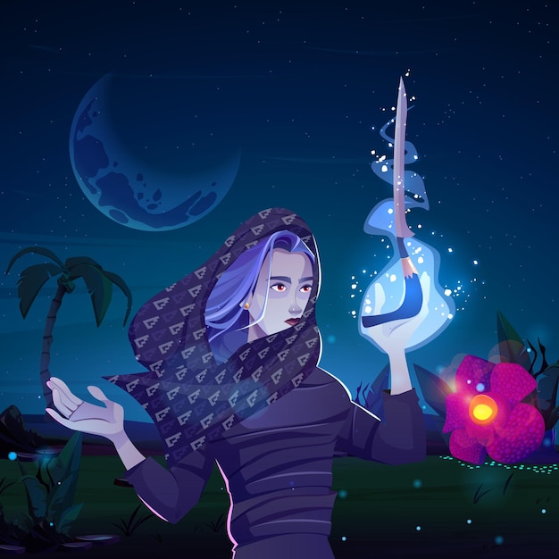 illustration of indonesian national hero cut nyak dien in a nighttime fantasy forest