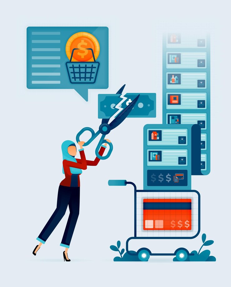 Vektor illustration of muslim moms cut money with scissors to get bill and credit card payment discount