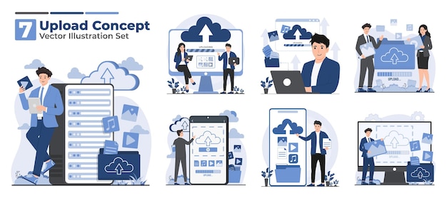 Illustration set of cloud storage upload concept showing users uploading files syncing data