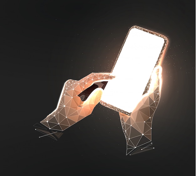 Ilustrace drátového modelu mobilního telefonu na tmavě černém pozadí