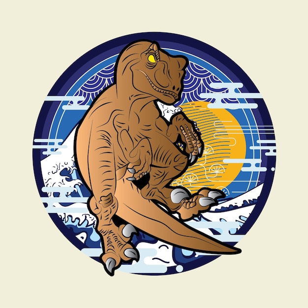 Ilustrace návrhu dinosaura s pozadím v japonském stylu