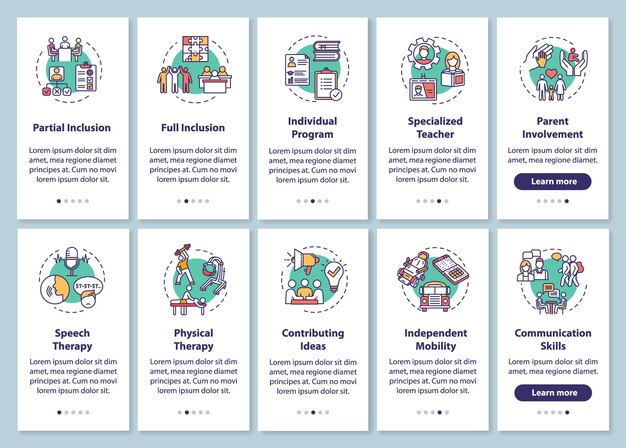 Inclusive program onboarding mobile app page screen with concepts set. Therapy and education for disabled people walkthrough steps graphic instructions. UI vector template with RGB color illustrations