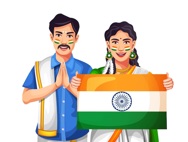 indian couples in traditional dress showing indian flag celebrating independence or republic day